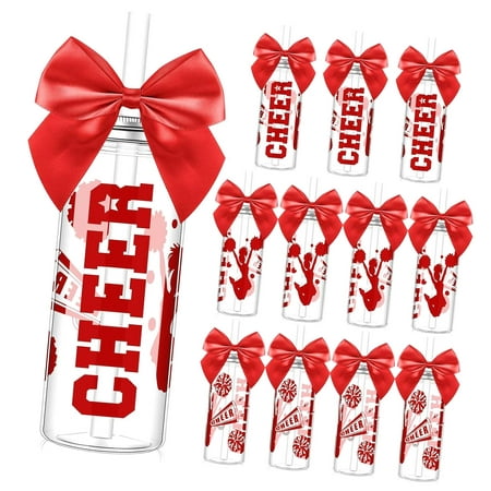 SKYSONIC 12 Pcs Cheerleader Bulk for Team Cheer Cups Bow Plastic Cheer Tumblers with Lid and Straw Clear Cup for Cheerleaders Sport Party Favor Senior Night