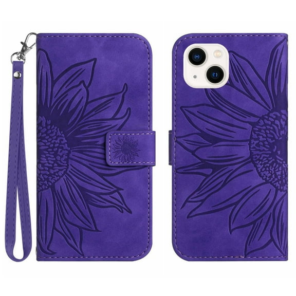 Mantto for Apple iPhone 14 6.1 inch (2022) Wallet Case with Wrist Strap,Stylish Sunflower Embossed PU Leather Shockproof Protective Magnetic Flip Stand Card Slots Protective Phone Cover,Darkpurple