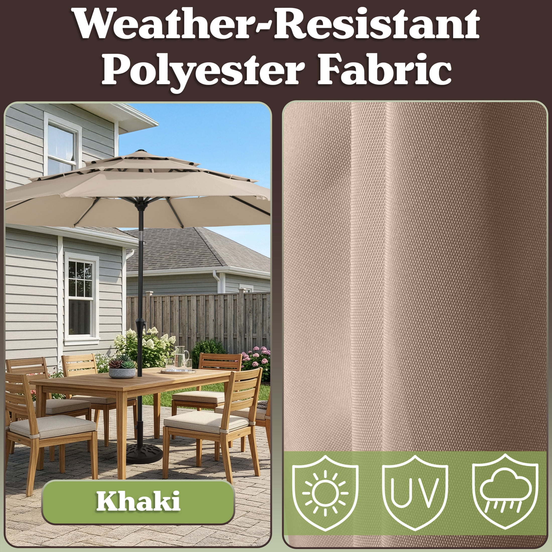 Pure Garden 10ft 3-Tier Umbrella for Patio Shade Canopy with 19lb Base, Khaki