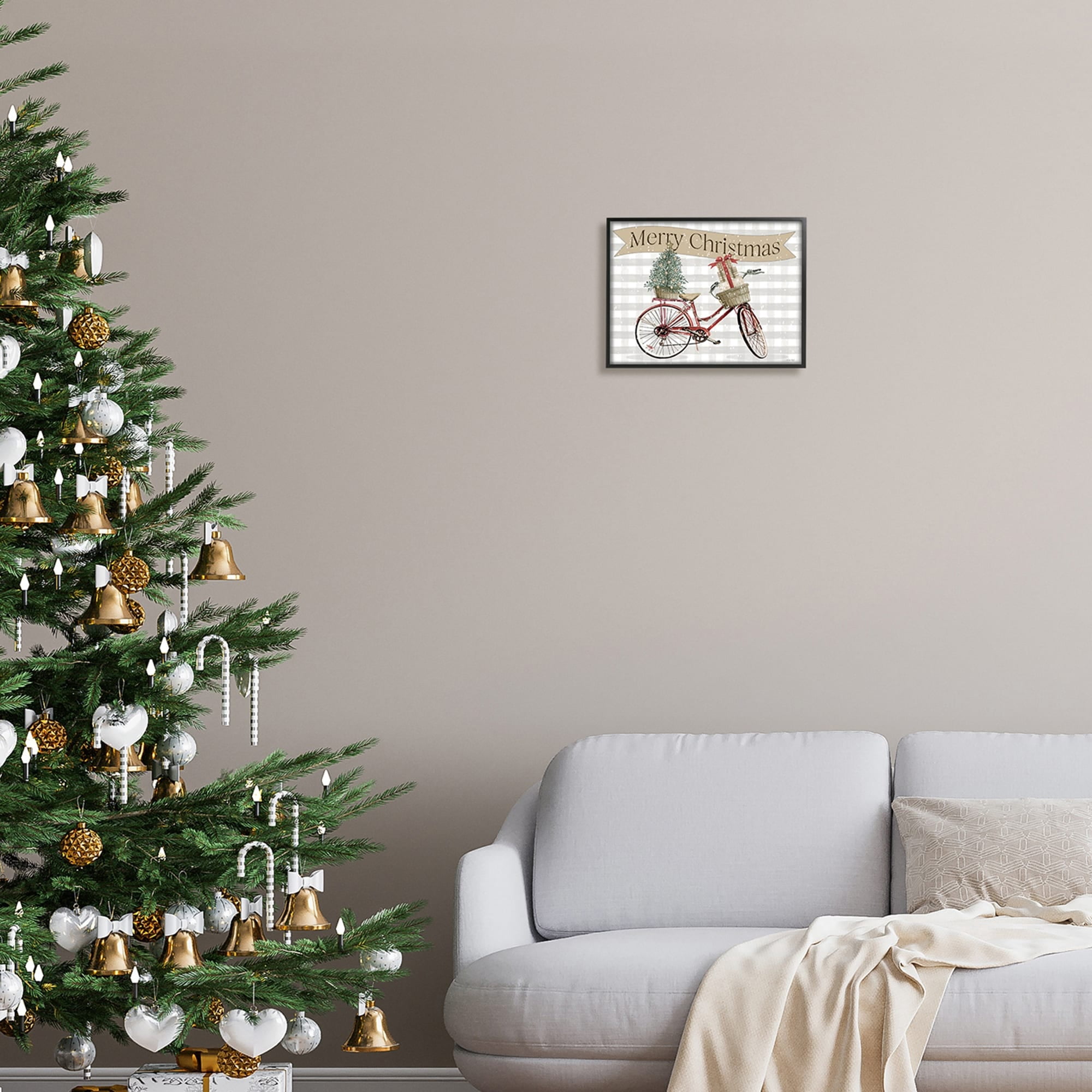 Christmas Banner Beige Gingham Bicycle Gift Basket Inspirational Graphic Art Framed Art Print Wall Art