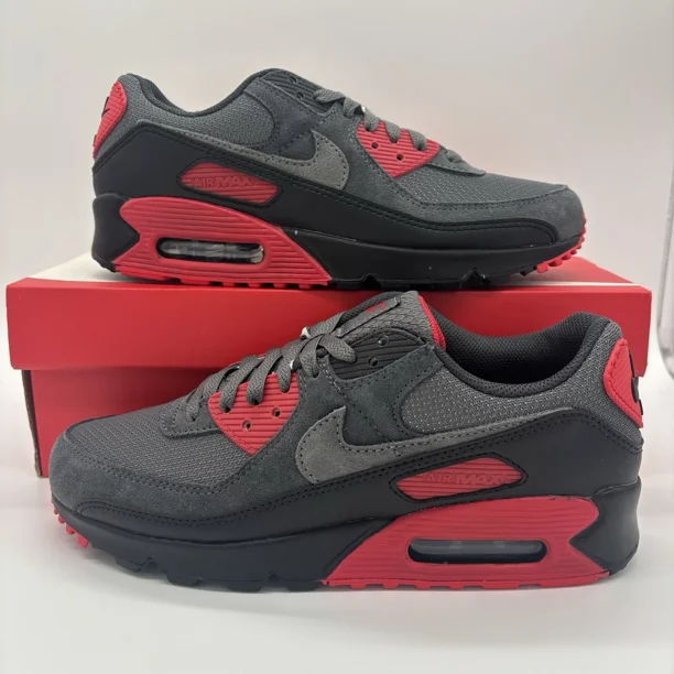 Nike Air Max 90 Black Smoke Gray Red Sneakers DM0029-007 Mens Sizes BRAND NEW