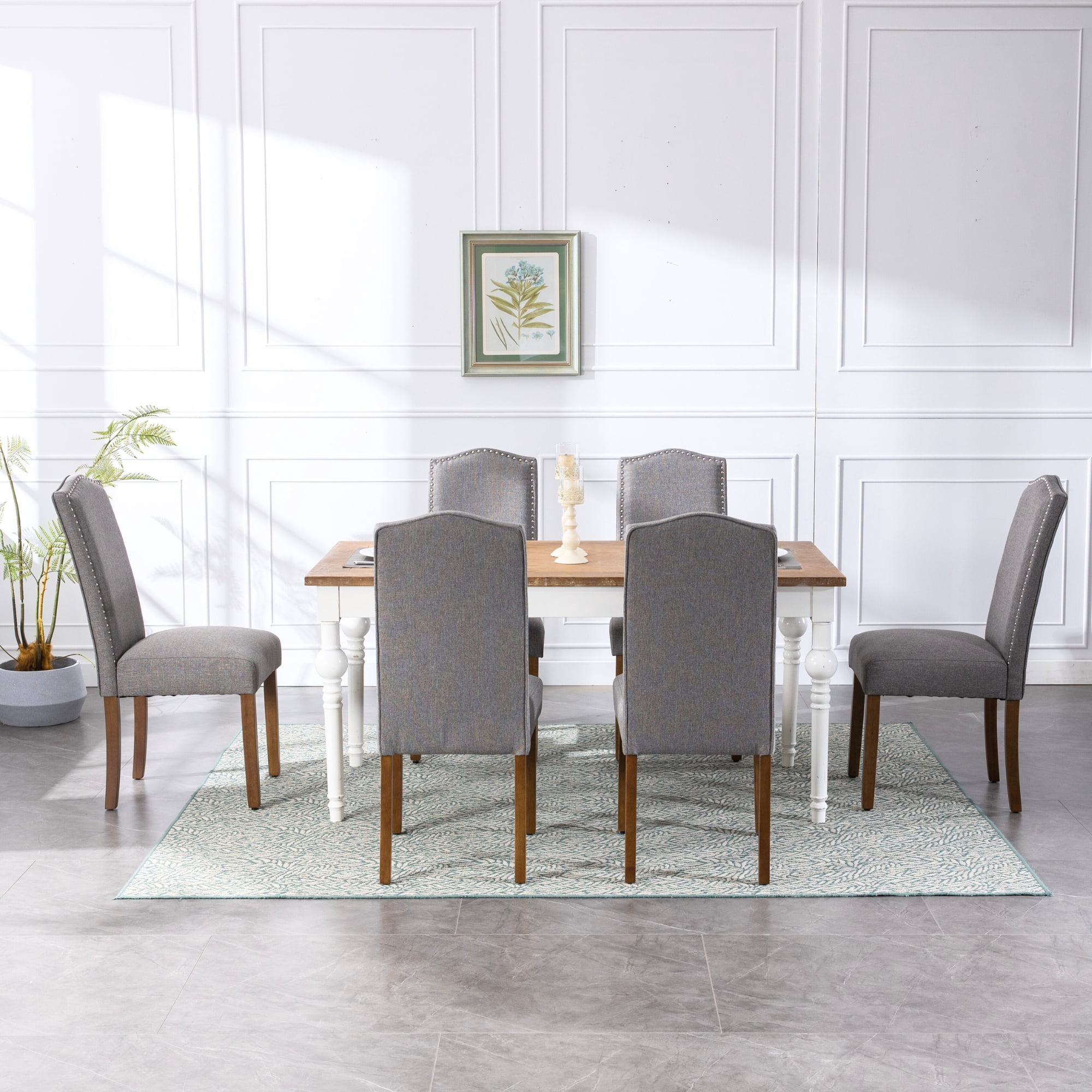 Snugway Dining Chair Grey Upholstered Parson Chair with Nailhead Trim, Set of 6