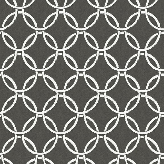3122-11000 Quelala Black Ring Ogee Wallpaper with Interlocking Circle Chain in Black White Colors Modern Style Prepasted Acrylic Coated Paper