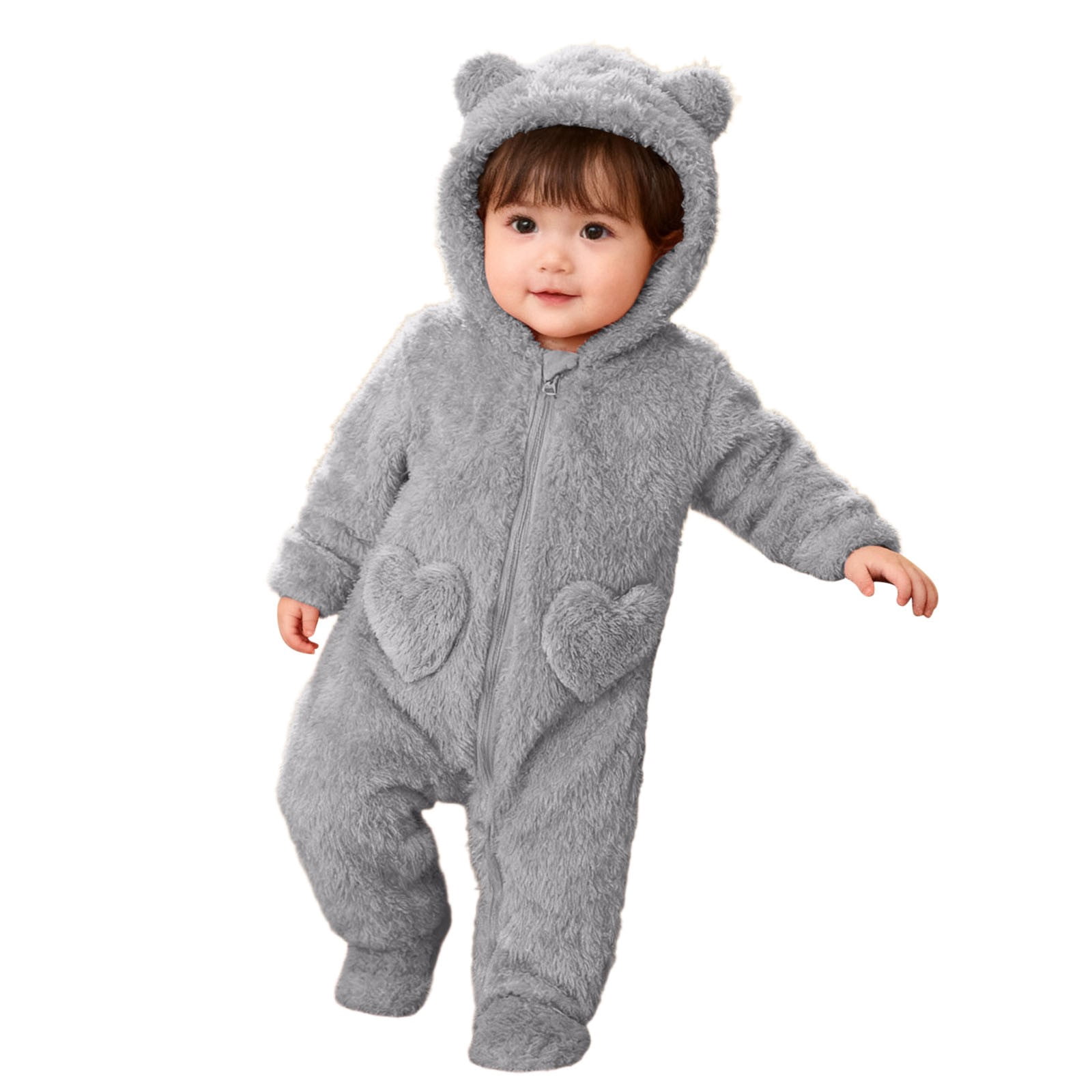Baby Jumpsuit Baby Snowsuits Winter Romper with Hood Bear Snowsuit Boy and Girl One Piece Suit for 0-12 Months, Light Gray, 9-12 Months