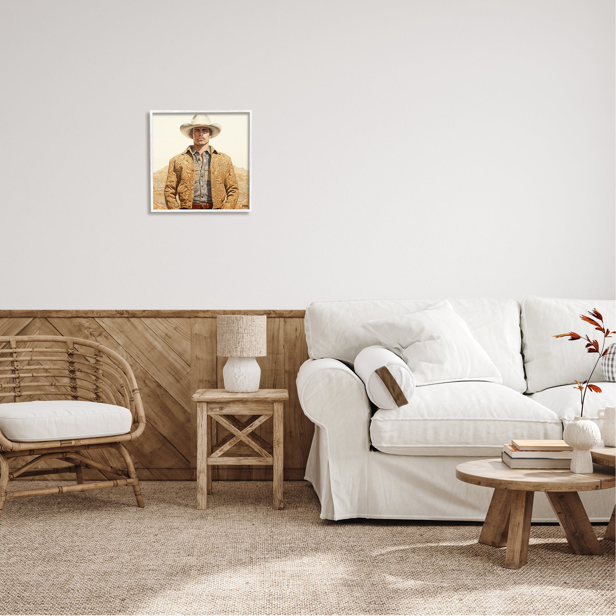 Stupell Industries Cowboy in Paisley Jacket Landscape Painting White Framed Art Print Wall Art, 17 x 17