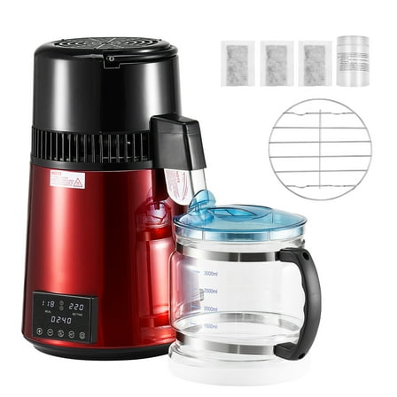 KFFKFF 4L 1.1 Gallon Water Distiller for Home Use, 1750W Countertop Purifier with Glass Container, Stainless Steel Interior for Producing Clean Drinking Water, Red
