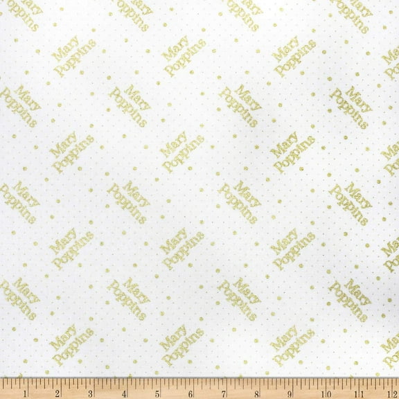 Camelot Fabrics Disney's Mary Poppins Logo Polka Dots White Metallic 100% Cotton Fabric sold by the yard