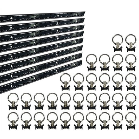 Heavy Duty Aluminum 6 Feet L-Track Black Powder Coated (8) and Stud with Black Powder coated Ring (32) Tie Down System for Enclosed Trailers and Cargo Vans