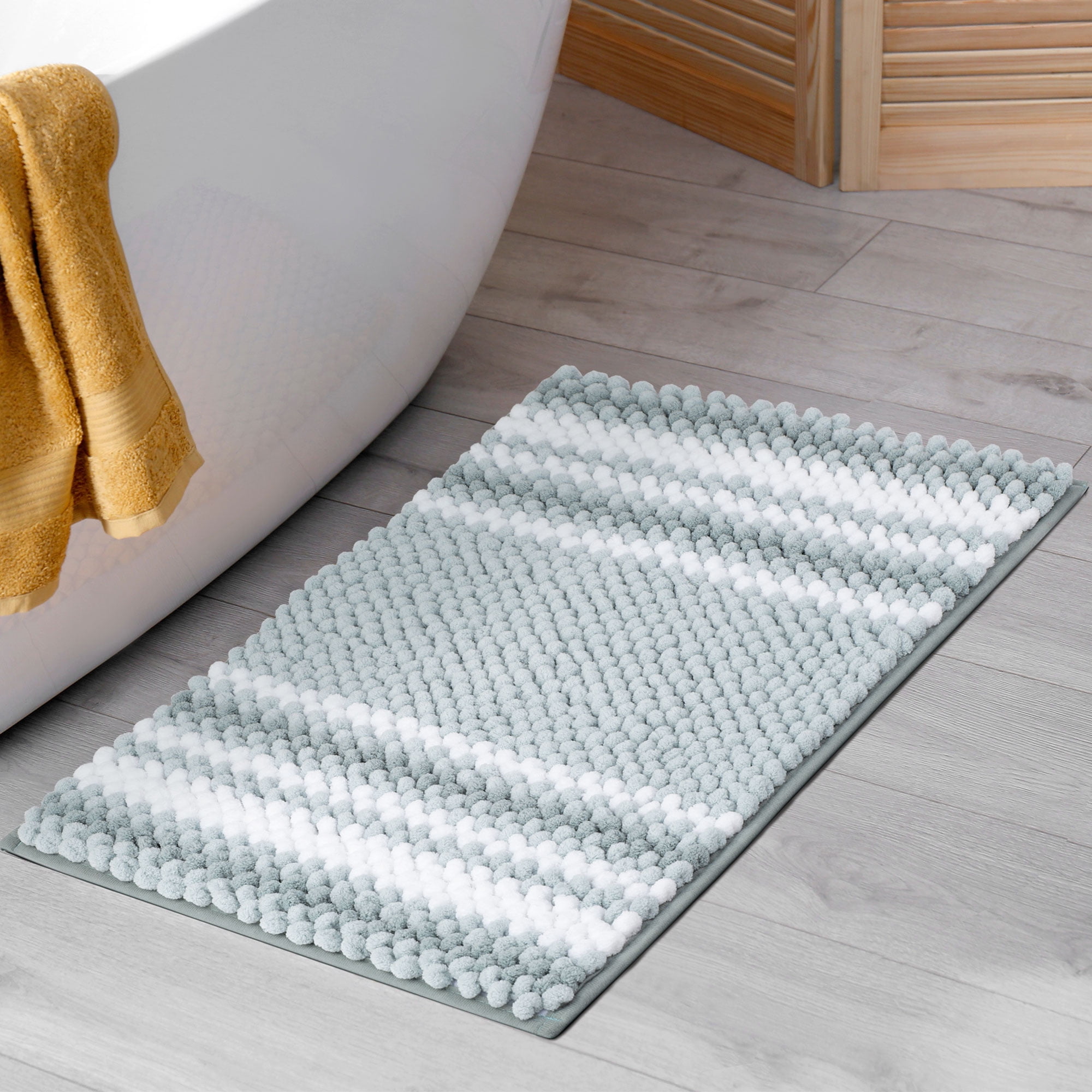 Unique Bargains Chenille Bathroom Rug Soft Fluffy Striped Bath Mat Shaggy Rugs Light Cyan 17"x24"