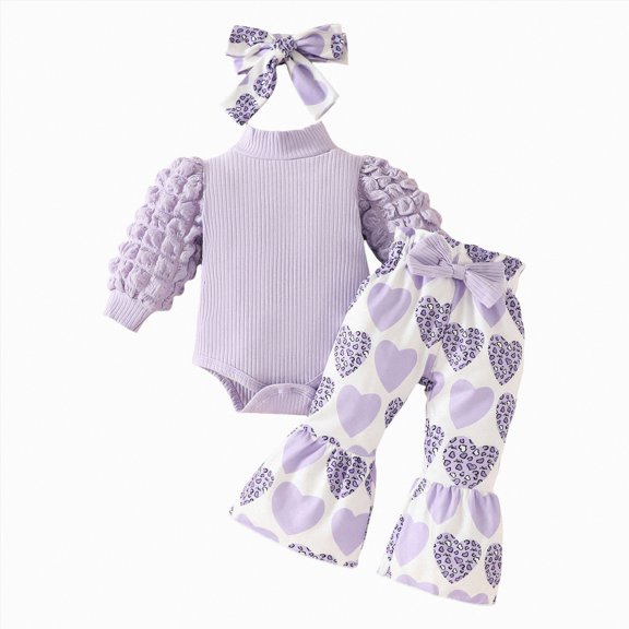 UAYOTSE Baby Girl Clothes Long Sleeve Romper 3Pcs Baby Girl Outfits Flare Pants Set with Headband Fall Baby Girl Winter Clothes(Light Purple##1,9-12 Months)