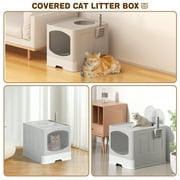 Cshidworld Large Foldable Cat Litter Box with Scoop, Front Entry Top Exit Cat Litter Pan with Lid, Enclosed Anti-Splashing Kitty Litter Box, Drawer Type Cat Litter Easy Cleaning and Scoop, Gray