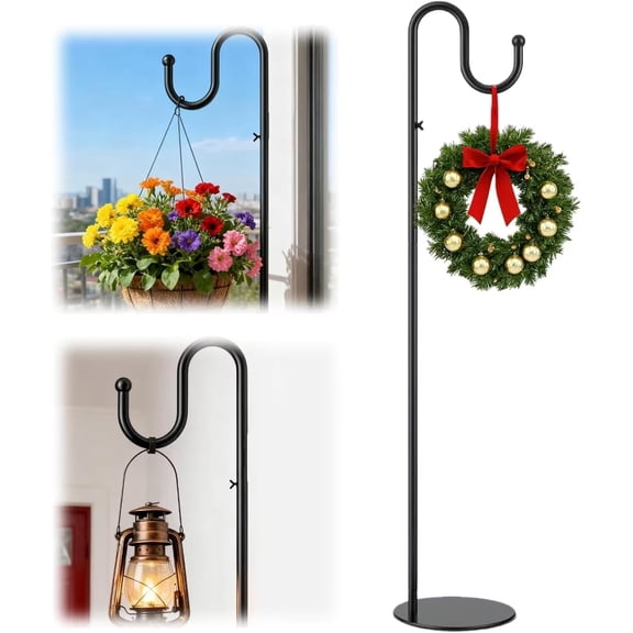 76″ Heavy-Duty Hanging Plant Stand – Adjustable Shepherd’s Hook for Bird Feeder, Rustproof Steel with Weighted Base, Wreath & Lantern Stand for Outdoor or Indoor Use