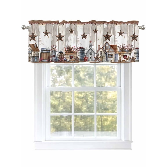 Farmhouse Style Valances for Windows, Rod Pocket Kitchen Valance Curtains - Soft & Washable Small Window Treatment for Living Room, Bathroom, Vintage Star Wood, 54x18inch