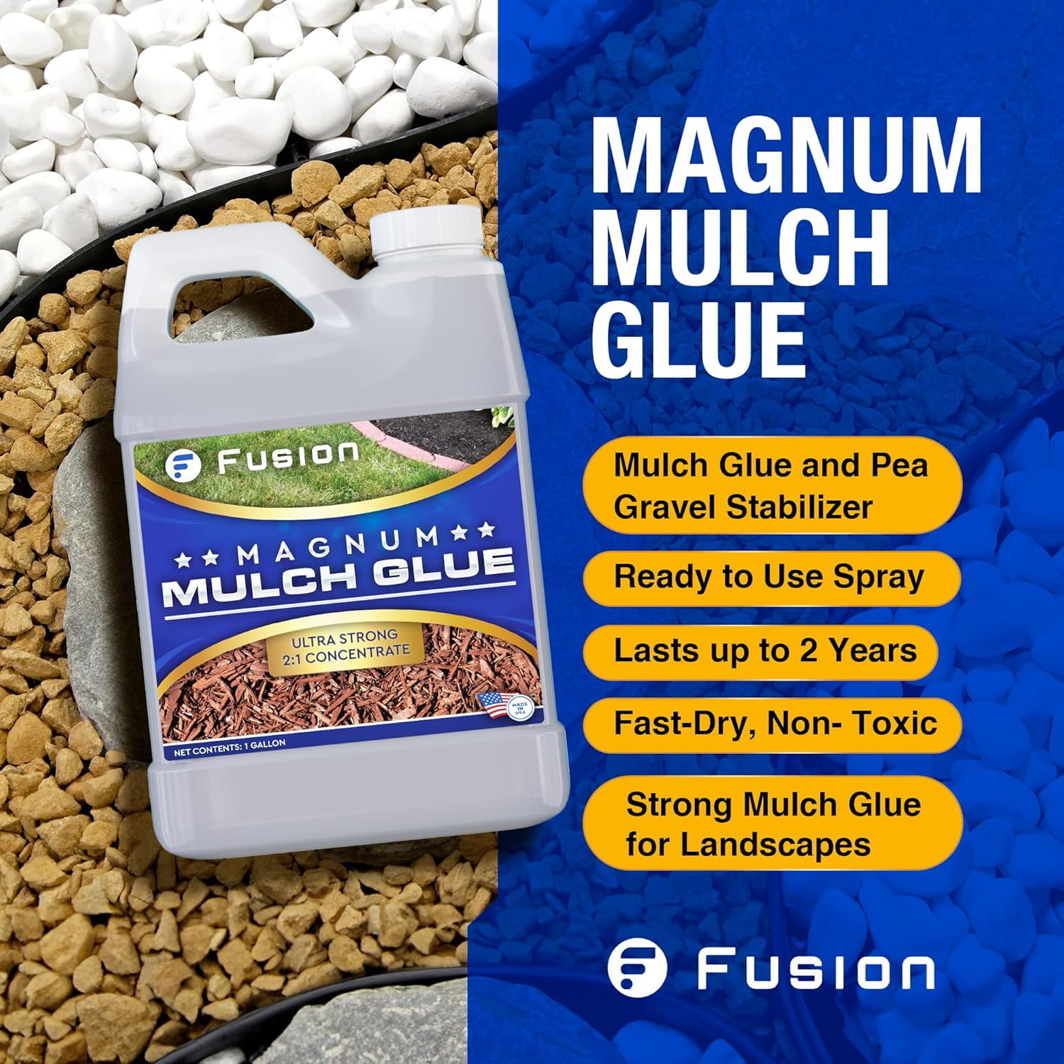 Fusion Magnum Mulch Glue (1 Gallon) - Mulch Glue for Landscaping and Pea Gravel Stabilizer, Fast-Dry, Non-Toxic, Strong Landscape Mulch and Rock Glue by Fusion Chemical