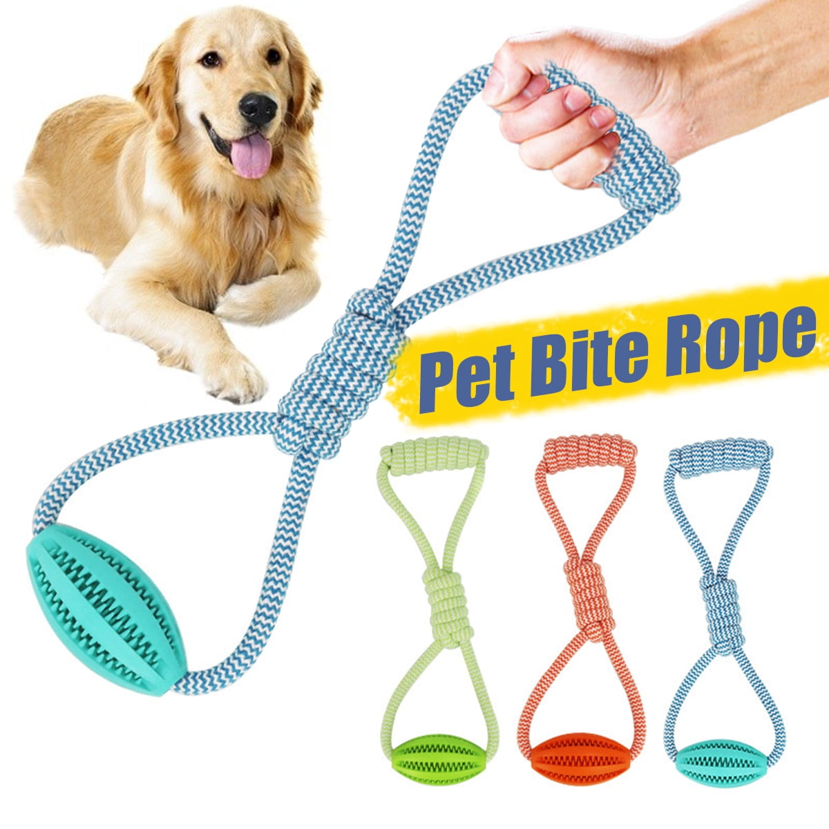 Pet Dog Toys tug of Fun Double Ring Dog Toy Rope Rubber Ball Bite Chew