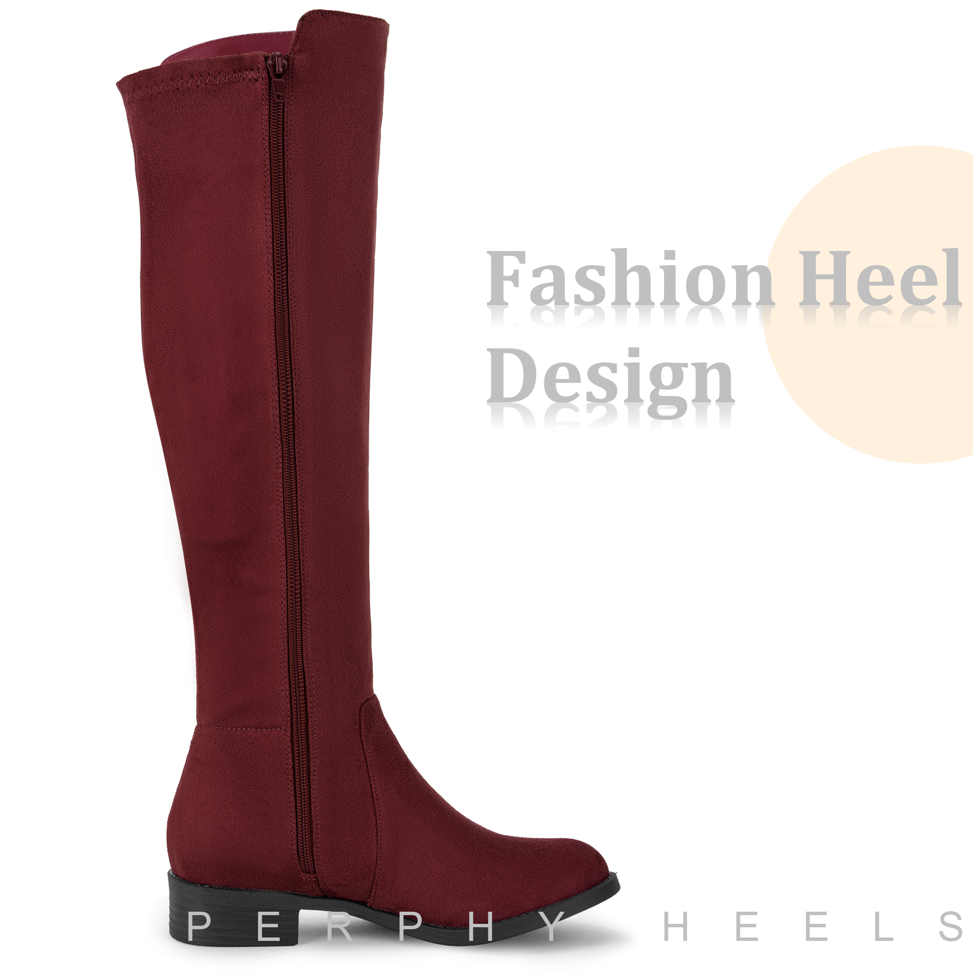 DARING DIVA Women's Round Toe Chunky Heels Knee High Boots Burgundy 10