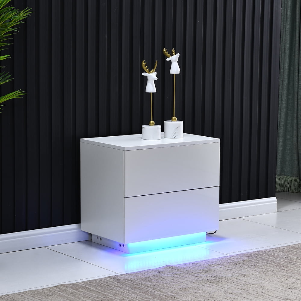 Modern High Gloss End Table Side Table & Led Lights Living Room White