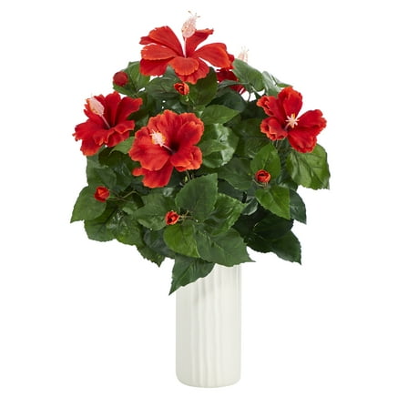 Nearly Natural 20in. Hibiscus Artificial Plant Artificial Plant in White Planter