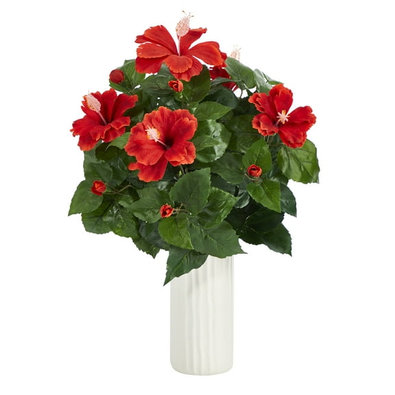 Nearly Natural 20in. Hibiscus Artificial Plant Artificial Plant in White Planter