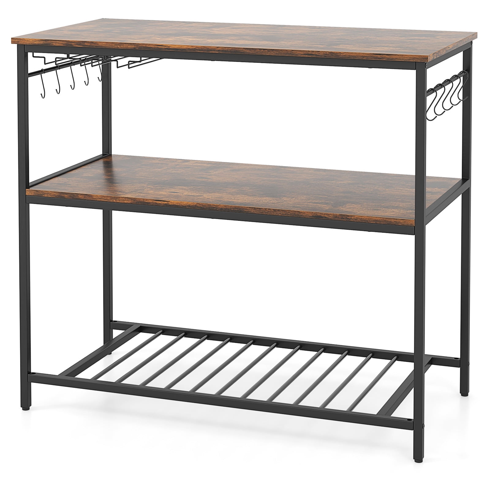 Topcobe 3 Shelves Kitchen Island Industrial Prep Table with Bottom Wine Rack, Basics Kitchen Storage Rack, Rustic Brown