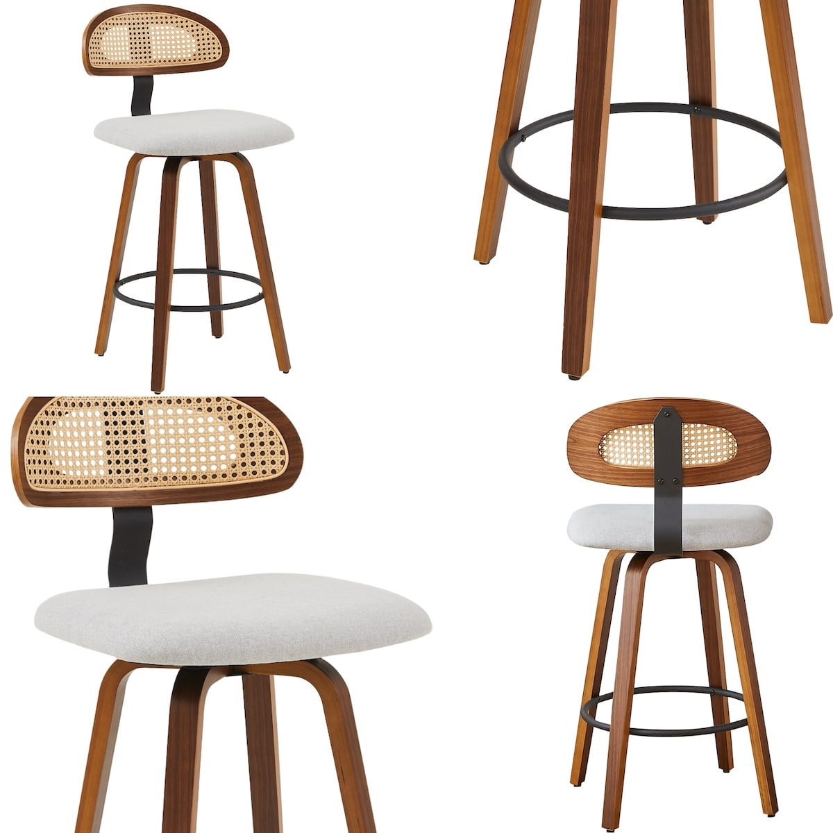 360° Swivel Rattan Bar Stools Set of 1, Counter Height Modern Kitchen Island Stools With Footrest, Uphostered Cushion, Comfortable Durable, Grey