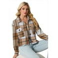 thumbnail image 5 of JWD Women's Cropping Jacket Casual Button Shacket Plaid Long Sleeve Blouses Top with Pocket Brown BlaPJk Pane L, 5 of 5