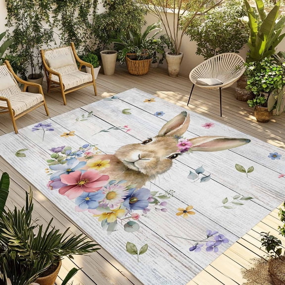 Bunny Easter Outdoor Rug 4x6 Ft - Reversible Patio Rug Outdoor Camping Rugs, Spring Floral Pastoral Wooden Washable Indoor Outdoor Area Rugs, Non-Slip Outdoor Carpet Runner for Deck/Porch