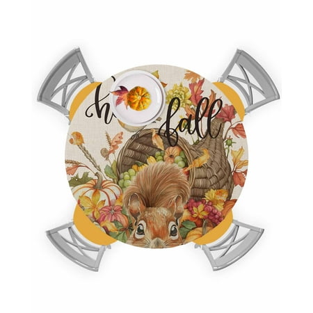 

Round Tablecloth with Elastic Fall Thanksgiving Day Pumpkins Squirrel Grapes Buffalo Plaid Waterproof Stain-proof Table Cover Wipeable Fitted Table Cloths for 36 -44 Round Tables Dining Kitchen