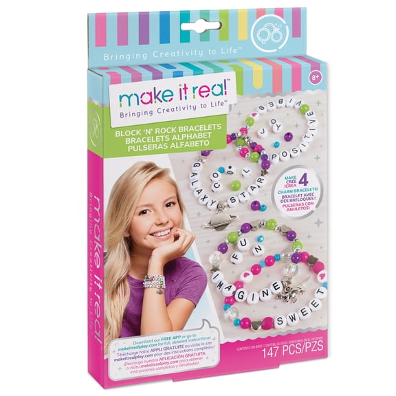 Make It Real: Block ‘N Rock Bracelets Kit - Create 4 Unique Letter Charm Bracelets, 147 Pieces, Tweens Ages 8 