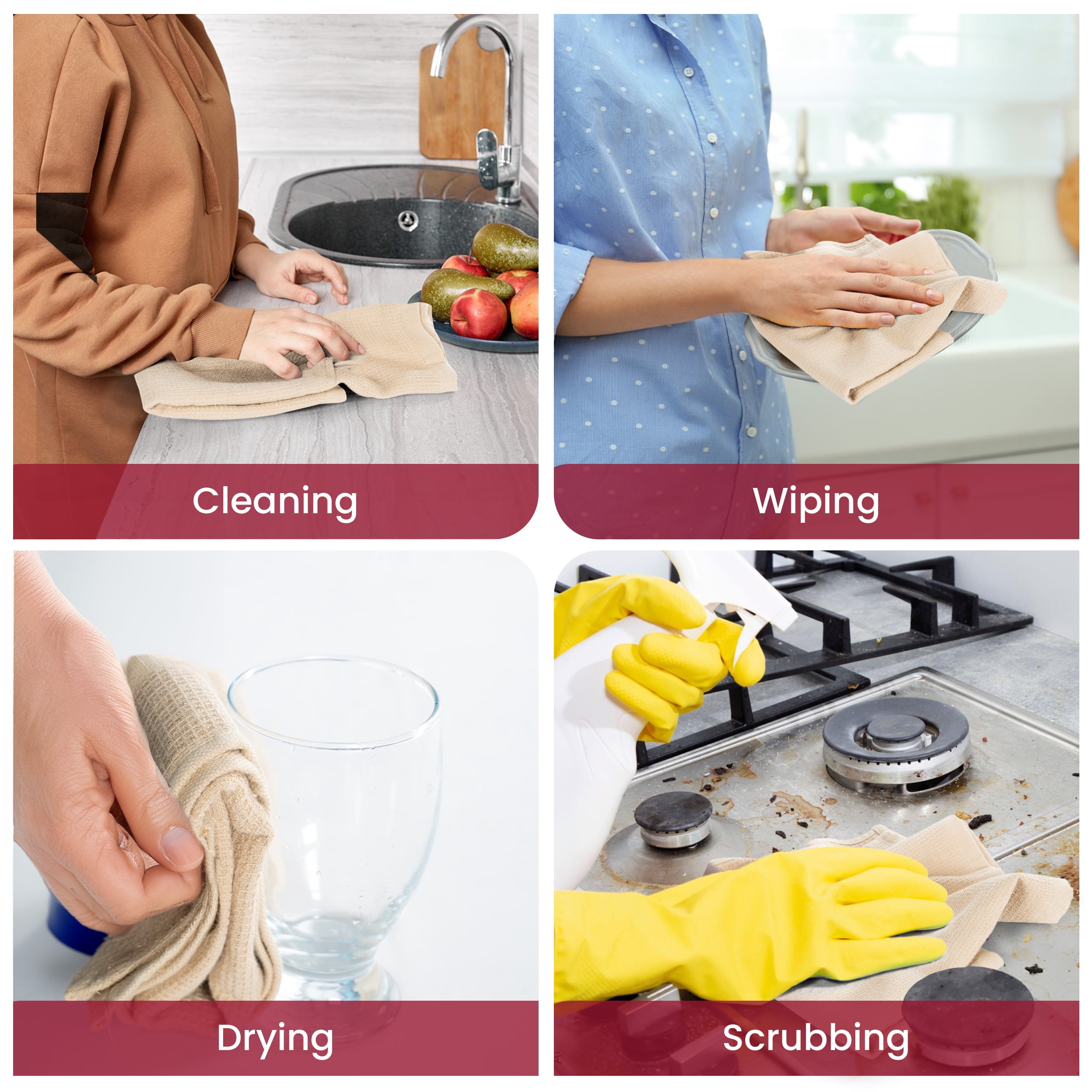 Lux Decor 6-Pack Kitchen Towels Set – 100% Cotton, Super Absorbent & Scratch-Free (16x26 Inches) – Soft Dish Towels for Drying, Cleaning & Decor – Khaki Hand Towels for Kitchen