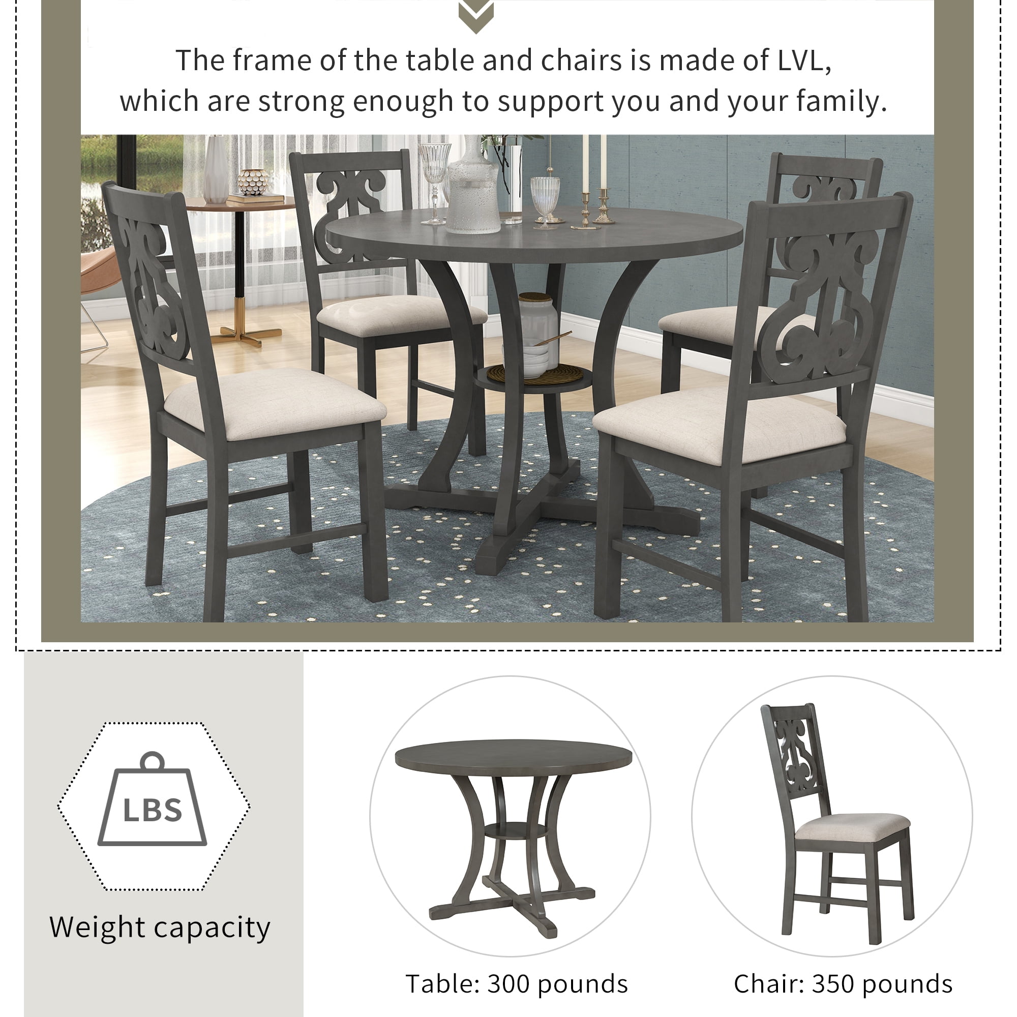 Harper & Bright Designs 5 Pieces Wooden Round Dining Table and Chair Set with Special-shaped Legs and an Exquisitely Designed Hollow Chair Back for Dining Room