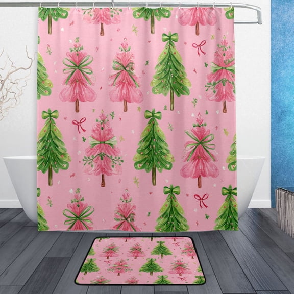 TTYFWHD 60" x 72" Shower Curtain and Bath Mat Set Pink Christmas Tree Pattern Waterproof Bathroom Curtain with 12 Hooks, Bathroom Decor Set