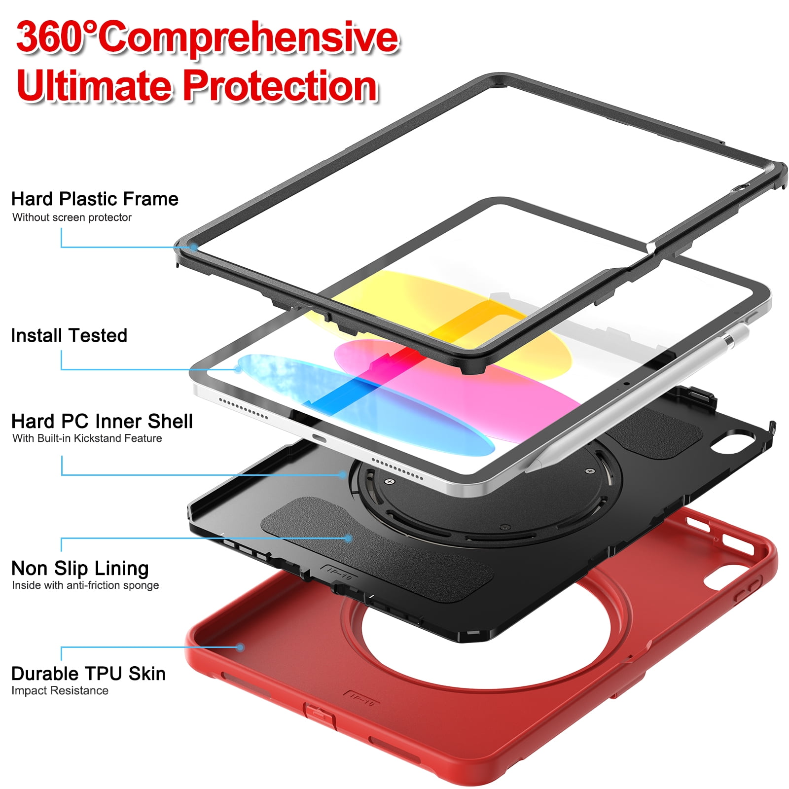 TECH CIRCLE for Apple iPad 10th Generation Case 10.9 inch 2022,360 Rotation Stand Heavy Duty Shockproof Rugged Soft Silicone Protective Case with Pencil Holder for Kids Girls Women,Red
