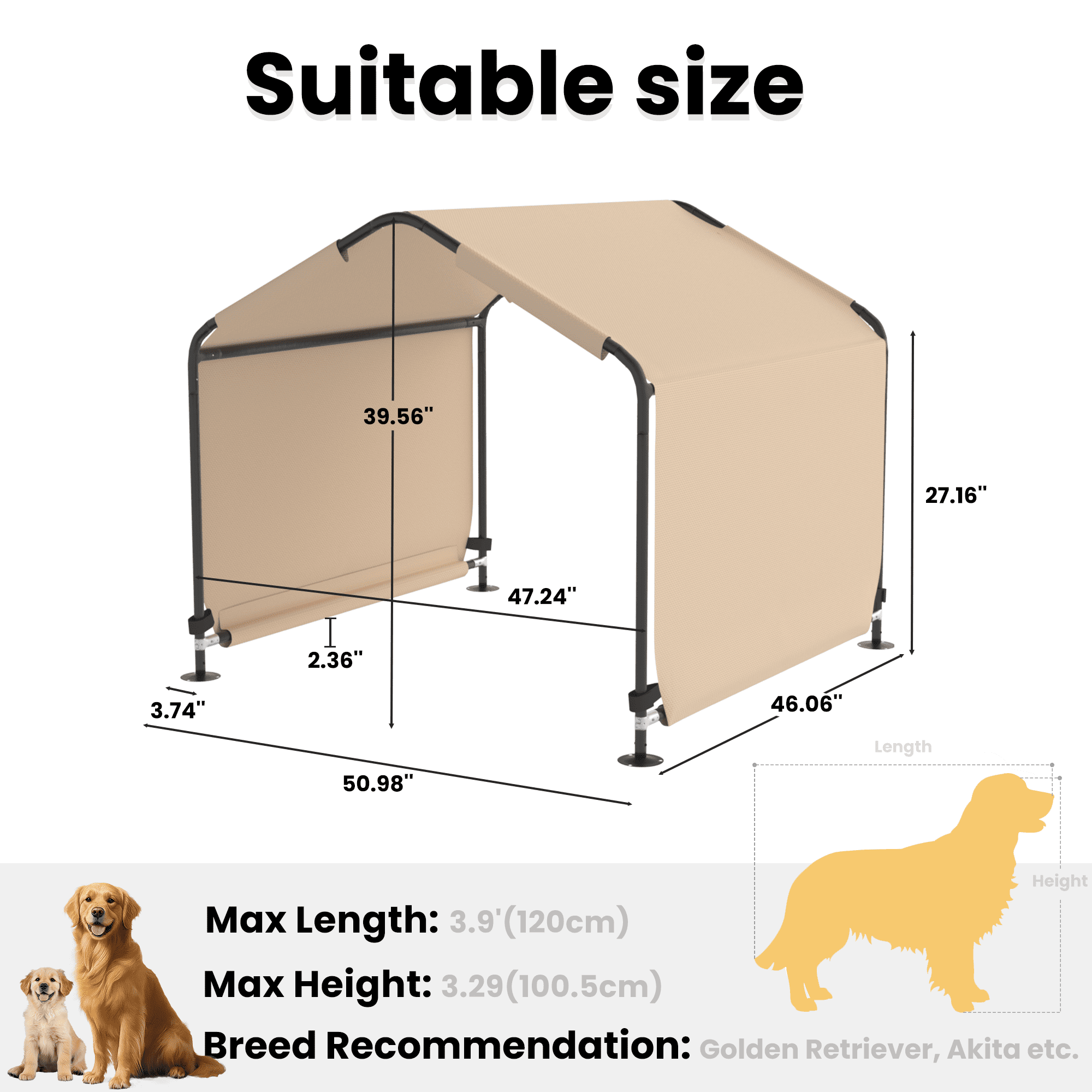 Outdoor Dog Shade Shelter 4'x4'x3' Portable Dog Tent Sun Rain Canopy for Outside Pet House for Large Medium Dogs, Cats, Pigs w/ Waterproof Roof, Ground Nails, Khaki