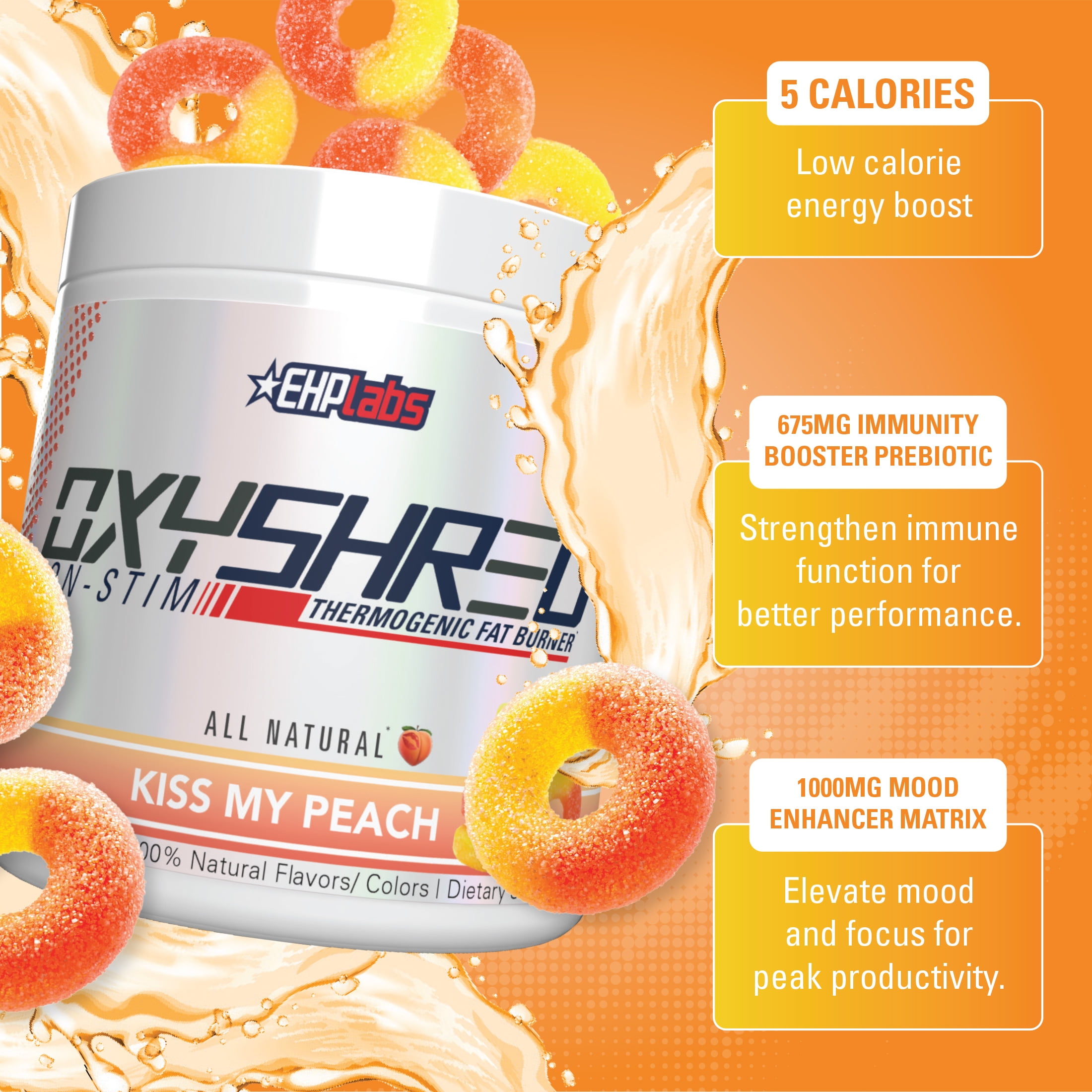 EHP LABS OxyShred Non Stimulant , Caffeine Free Pre-Workout Supplement for Men & Women with L Glutamine & Acetyl L Carnitine - Peach, 33 Servings