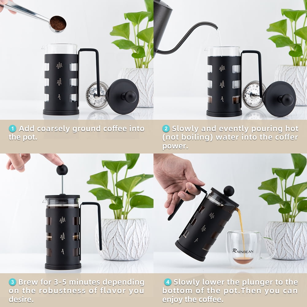 Private Jungle Stainless Steel Cafetiere 8 Cup, French Press Coffee Maker Easy Cleaning Cafeteria, Double Walled Heat Resistant Borosilicate Glass, 1000ml /34 oz, Black