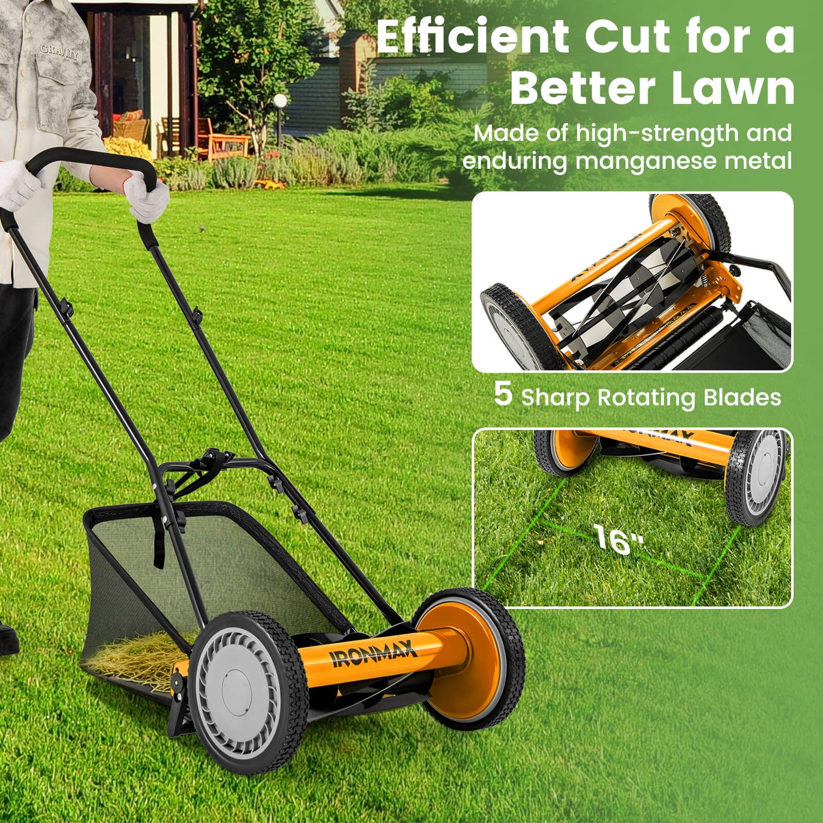 Ironmax 16” Push Lawn Mower,Cordless Manual Reel Mower,6.9Gallon Removable Grass Catcher Orange + Black