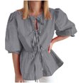 thumbnail image 2 of Women Y2K Puff Short Sleeve Peplum Shirts Tie Front Ruffle Hem Babydoll Blouse Tops Teen Girls Lace up Cute Summer Tops, Limited Time Offer, Under 10 Dollars, 2 of 6