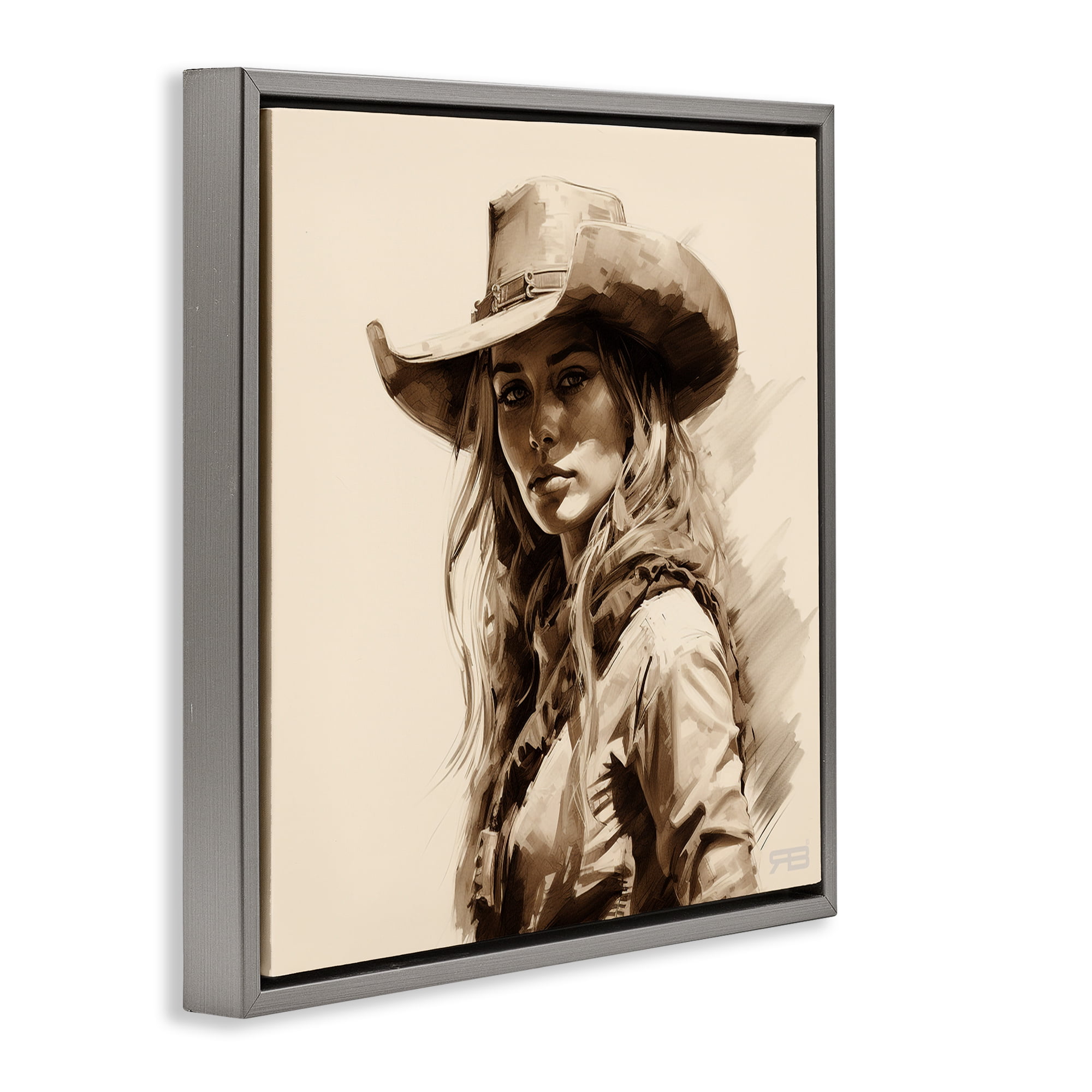 Stupell Industries Western Cowgirl Gaze People Painting Gray Floater Framed Canvas Art Print Wall Art, 25 x 25