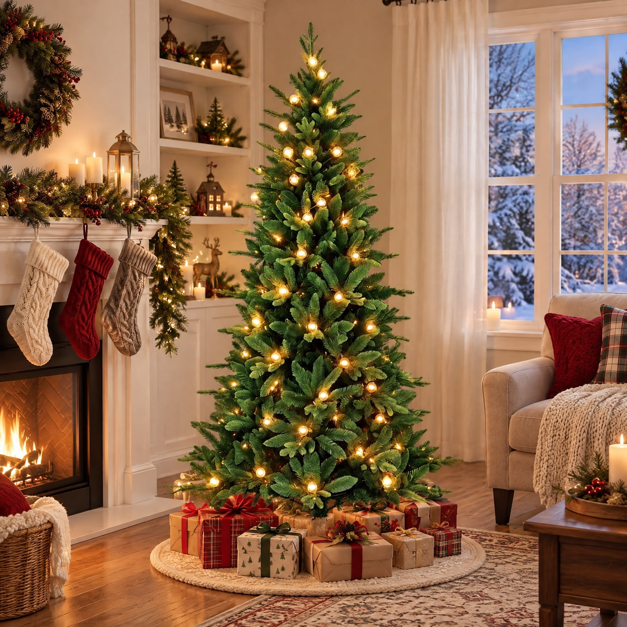 6.5' Pre-Lit Alder Green Artificial Christmas Tree with 325 Warm White LED Lights, 8 Functions, and Stand, by Holiday Time