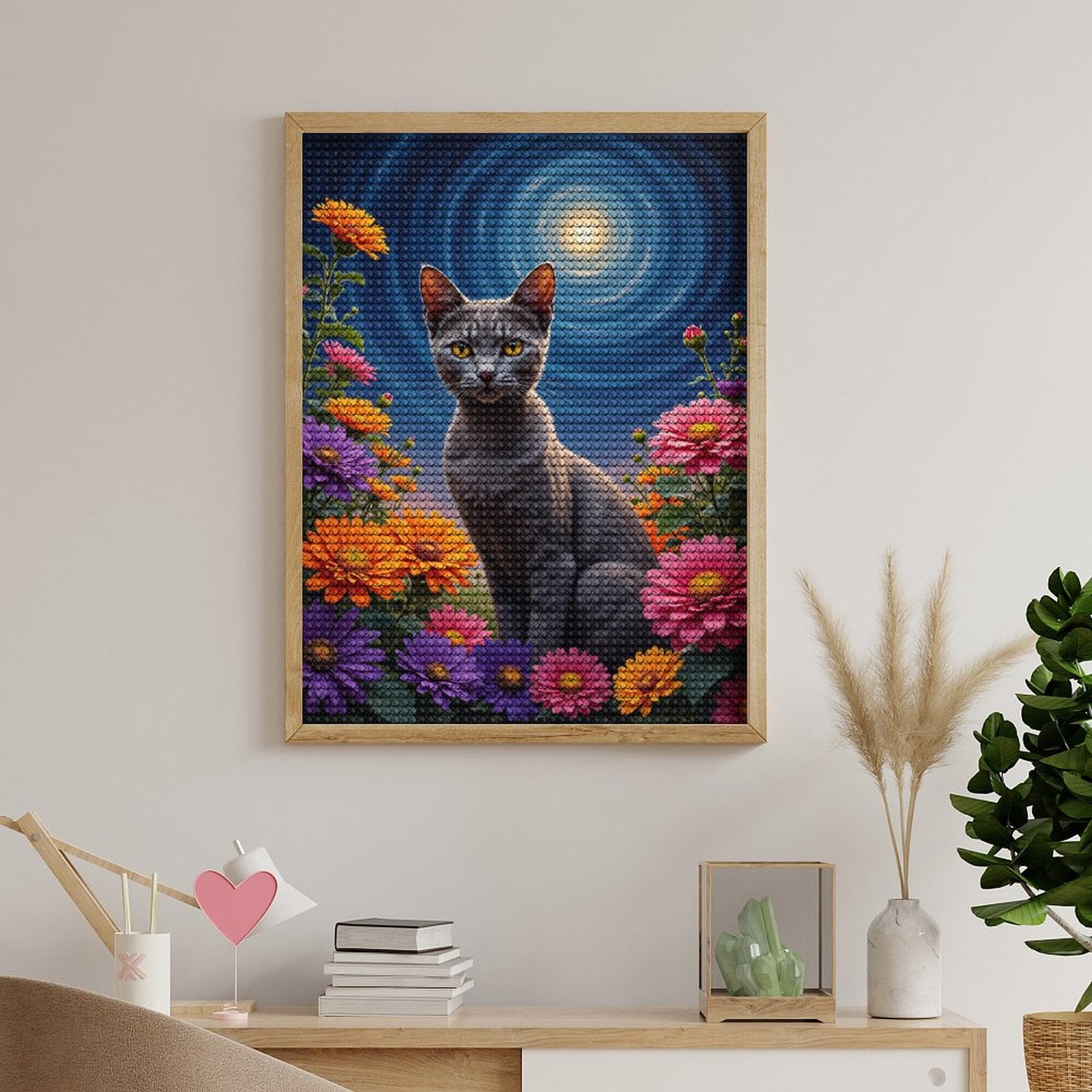 Diamond Art Kit for Adults, Cat Moonlit Floral Night Sky Diamond Painting for Adults Beginners, 5D DIY Diamond Art Painting Kits, Colorful Diamond Painting Craft for Home Decor 12x16