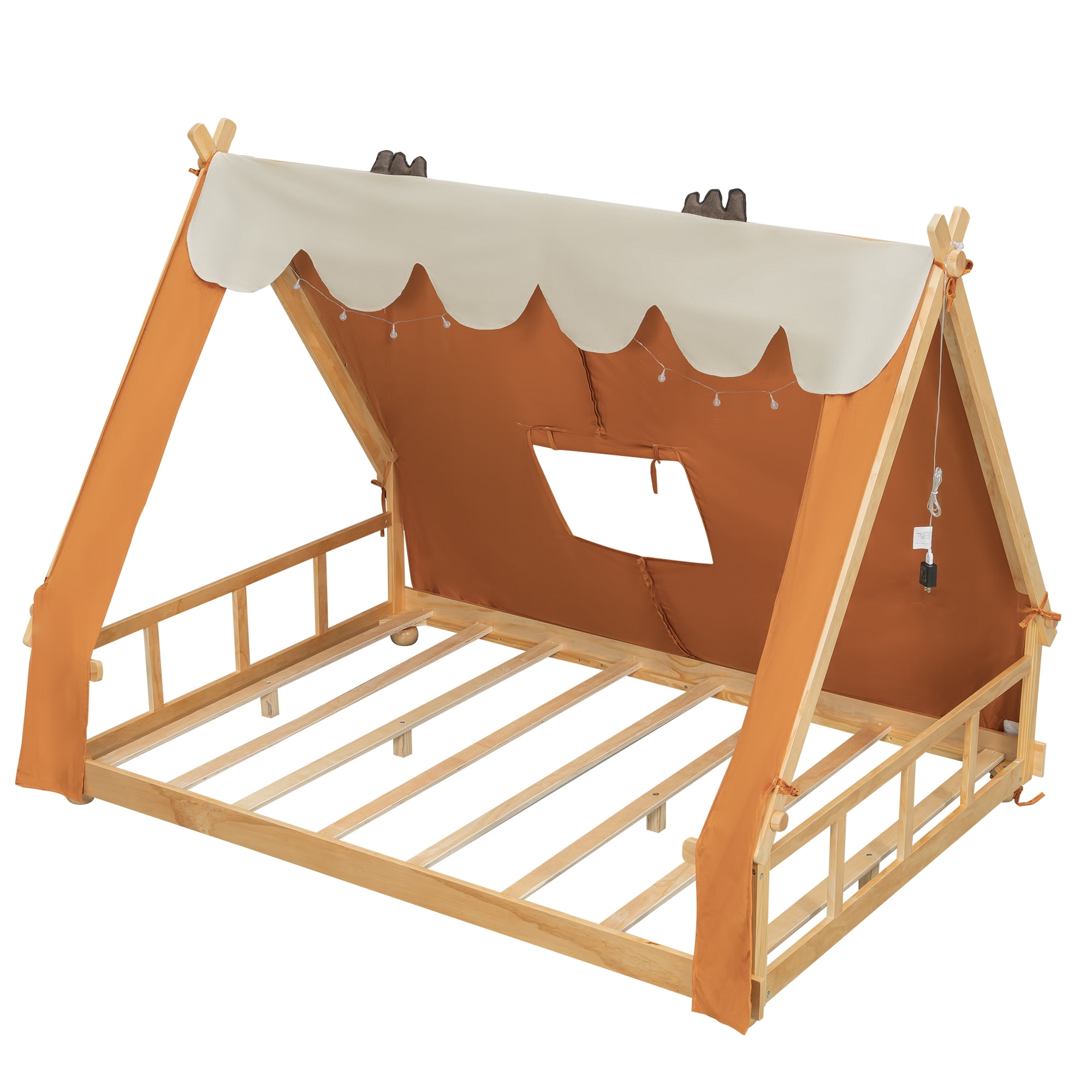 Full Size House Bed with Tent and Light,Brown