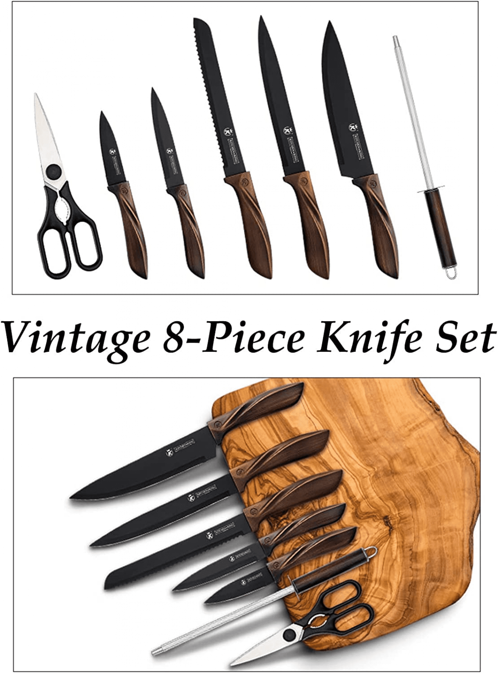 Kitchen Knife Set, Caliamary 8-Piece Sharp Chef Knife Set with Brushed  Handle, Vintage Knife Set with Sharpener and Stainless Steel Rotary Knife  Holder for Men Women Friends Family (Black) 