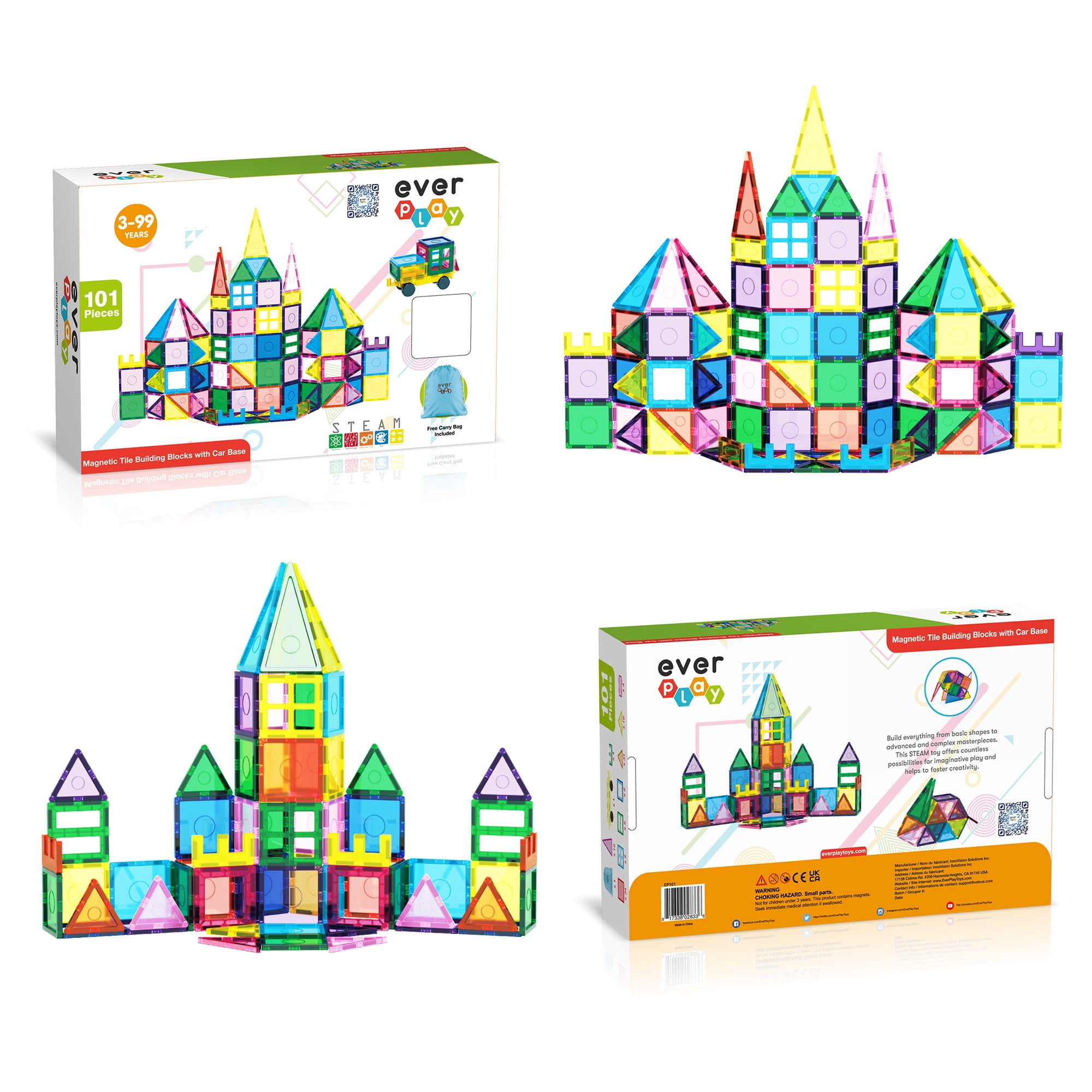 EverPlay Magnetic Tiles for Kids - STEM 101PCS Construction Building Blocks Educational Toy