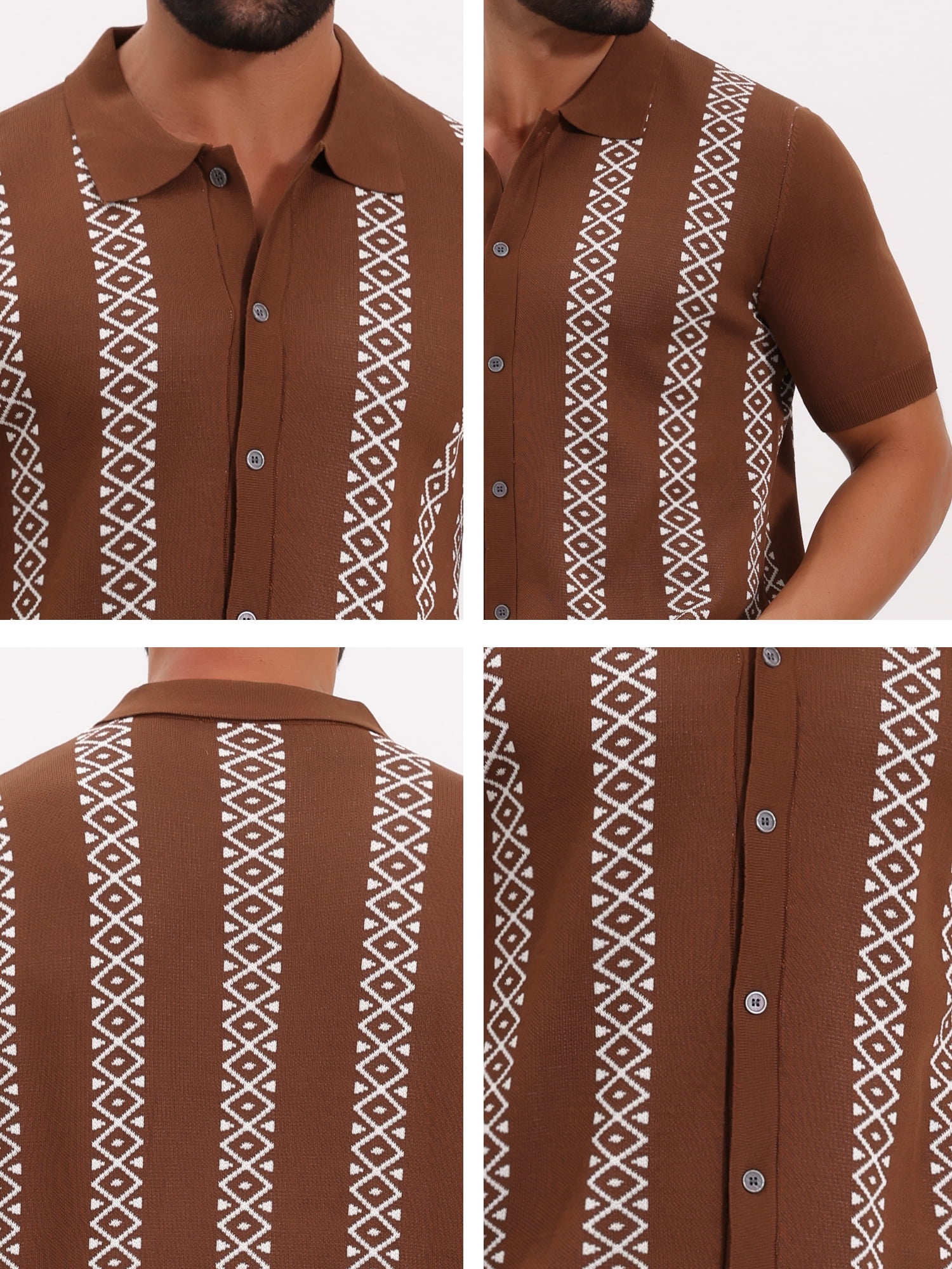 DARING DIVA Men's Jacquard Short Sleeve Button Down Knitted Golf Polo Shirts 2XL Brown