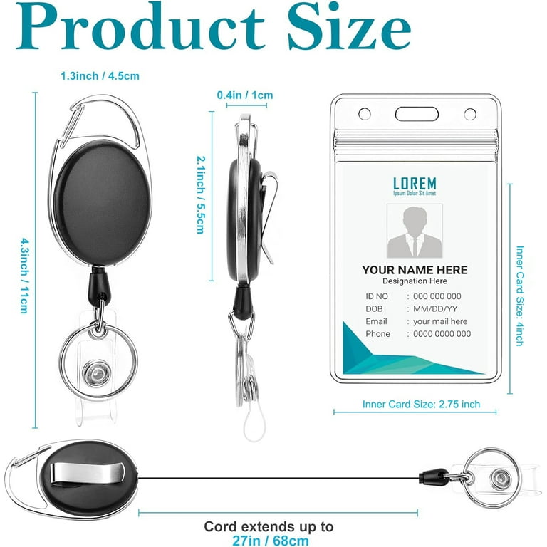 5 Pack ID Badge Holder With Clip Badge Reels Retractable Heavy Duty Clear Id Card Holder Retractable Vertical Lanyard Id Holders with Carabiner Badge Reel