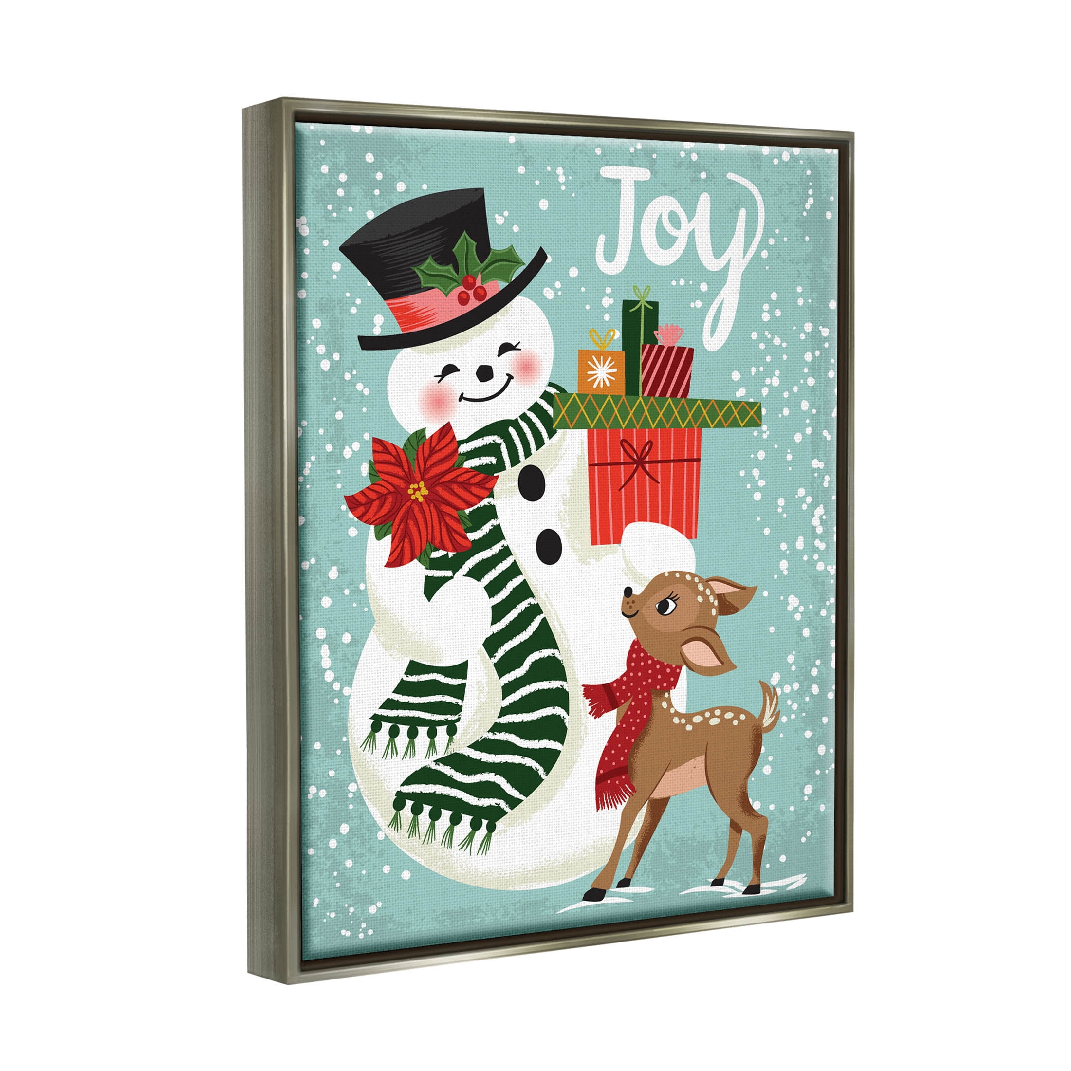 Joy Smiling Snowman Holiday Deer Holiday Graphic Art Luster Gray Framed Art Print Wall Art