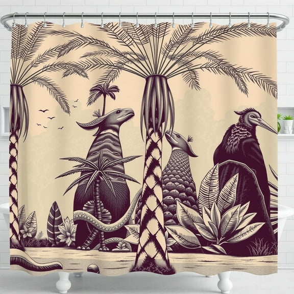 Exotic Jungle Shower Curtain with Tree & Fantastical Creatures - Bold Black & White Design