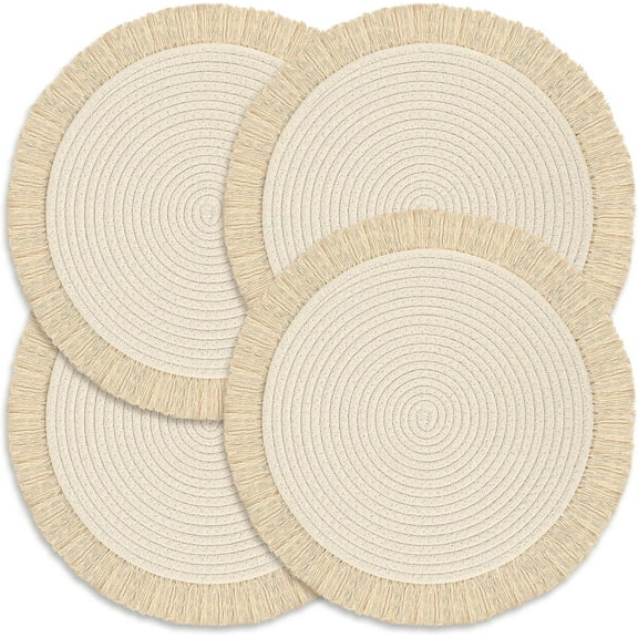 Set of 4 Round Cotton Washable Placemats, 13-Inch Heat Resistant Dining Table Decor, Thick Non-Slip Handwoven Mats