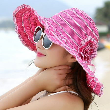 Women's Flower Beach Hat Portable Packable Roll Up Wide Brim Sun Visor UV Protection Floppy Crushable Straw Beach Hat Bonnet Beach Cap Sun Hat for Women Ladies